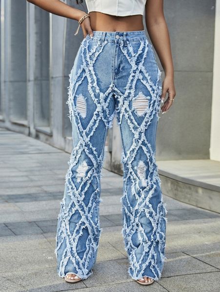 

sxy high waist ripped washed flare leg jeans i69j#, Blue