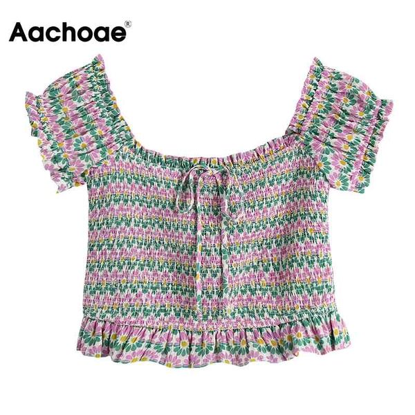 

aachoae sweet women ruffles cropped blouse summer printed bow tie pleated shirt short sleeve square collar chic stretch 210413, White