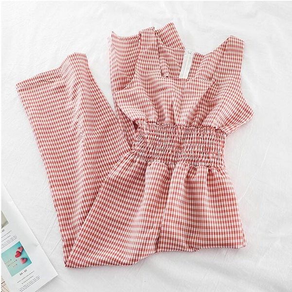 

women's jumpsuits & rompers fashion 2021 spring ladies sleeveless plaid o-neck high waist sashes women casual wide leg, Black;white