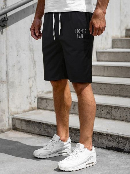 

men slogan graphic drawstring waist shorts t1bm#, Black