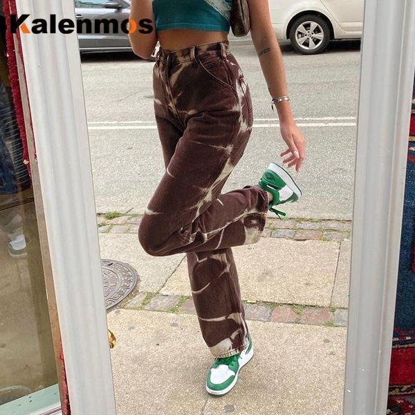 

jeans women vintage harajuku high waist streetwear print slit hem baggy korean pants punk spring long trousers francais japan women's, Blue