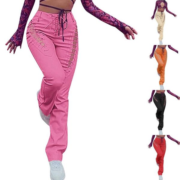 

women's pants & capris harajuku women high waist solid color hollow straps straight beam leg leather street, Black;white