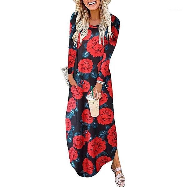 

casual dresses dyeing print bohemian slit women loose pocket long dress sleeve autumn party maxi roupas femininas, Black;gray