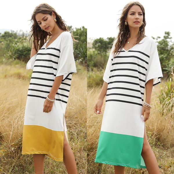 

party dresses 2021striped spring and summer vneck bat sleeve striped dress for women, White;black