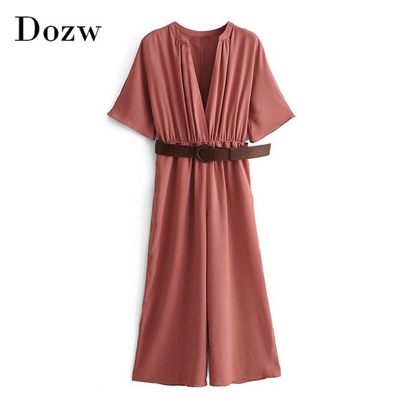 

women fashion solid bodysuit with belt summer short sleeve casual wide leg jumpsuit ladies v neck loose playsuit overalls 210414, Black;white