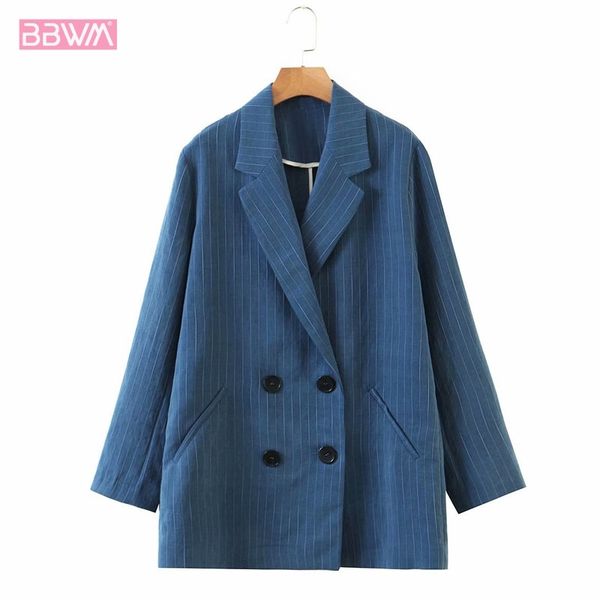 

striped double-breasted lapel long-sleeved casual female coat simple and loose professional chic women's jacket 210507, Black;brown