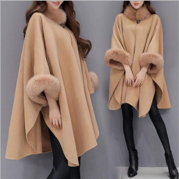 Дизайн женские шерстяные пальто Большой меховой воротник MID-длиной пальто дамы корейский стиль куртка шерстяное пальто Batwing рукав Parka Cape S