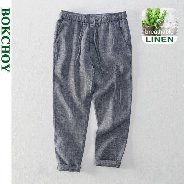

spring summer men linen pants solid color breathable drawstring simple casual straight trousers l8107 men's, Black