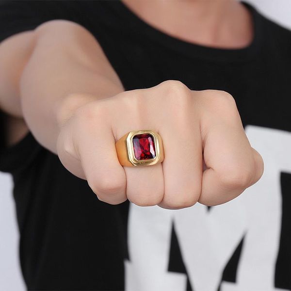 

wedding rings mprainbow mens stainless steel red rhinestone engagement band gold-color men fashion jewelry anel bague homme, Slivery;golden