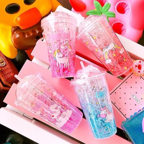 

mugs summer ice cup water female student korean version straw transparent lovely gradient double layer refrigeration