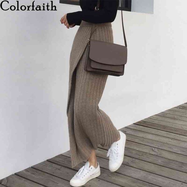 

colorfaith new autumn winter women skirts knitting straight korean style split harajuku elegant vintage long skirts sk1967 210413, Black