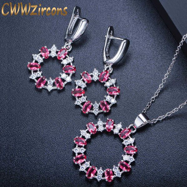 

round cubic zirconia pave red earrings necklace jewelry sets fashion ladies jewellery accessories t297 210714, Silver