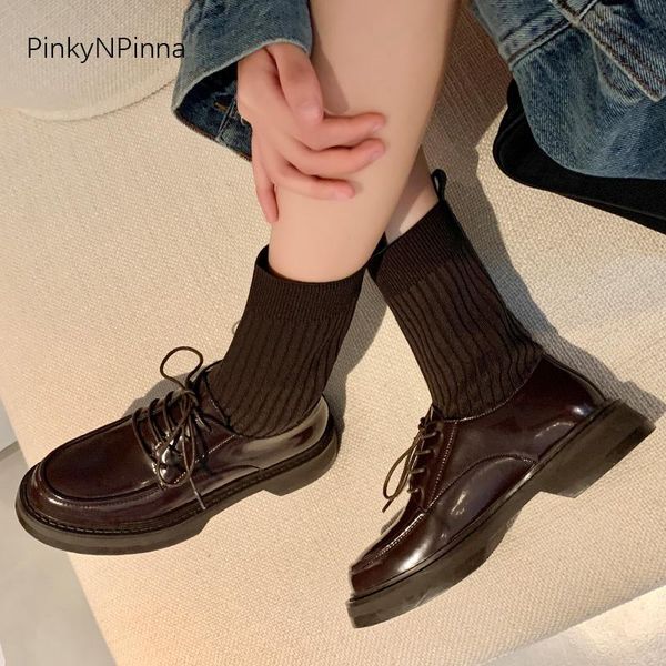 

boots 2021 winter women genuine leather cotton fabric stretchy shaft preppy style oxford ankle vintage retro ladies booties, Black