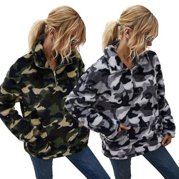

women's hoodies & sweatshirts women half zip turtleneck sweatshirt camouflage fluffy plush pullover lapel loose long sleeve st, Black