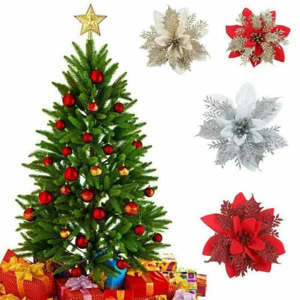 

christmas decorations 10pcs artificial flowers glitter fake flower xmas tree ornaments merry for home 2022 year