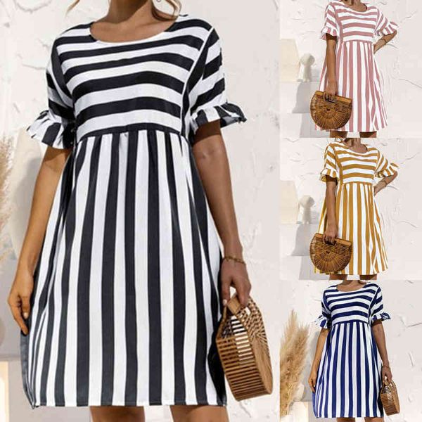 

2021 summer new fashion o neck women's dress casual loose solid short sleeve ruffle patchwork pocket ladies stripe dress, White;black