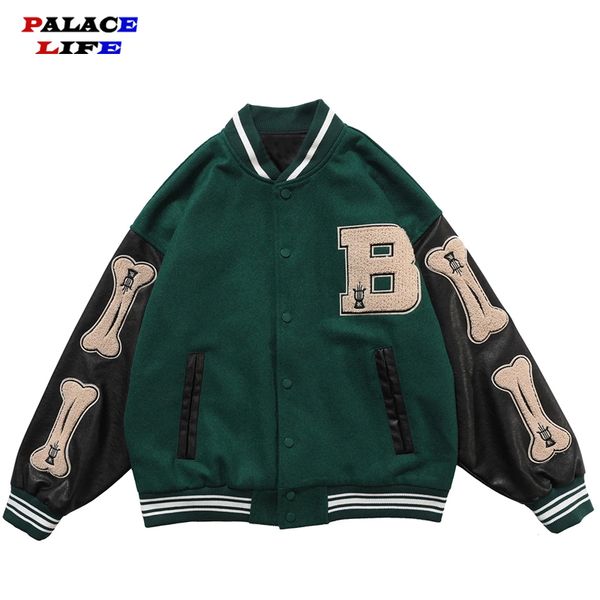 

hip hop furry bone patchwork color block jackets mens college style bomber men baseball coats 3 color, Black;brown