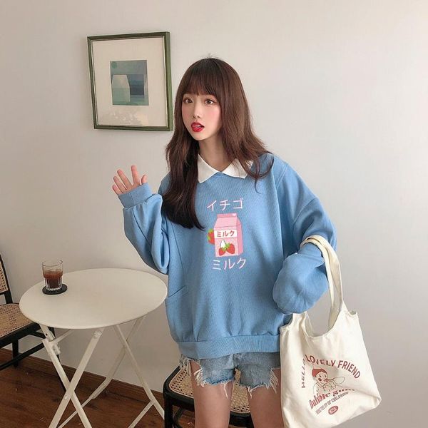

women's hoodies & sweatshirts japanese kawaii hoodie sweatshirt women letter tumblr pink cotton strawberry milk pullover schoolgirl sud, Black