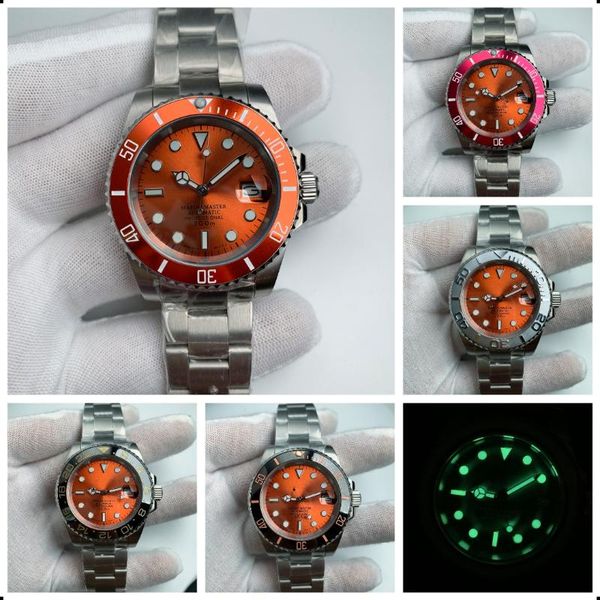 

wristwatches mechanical men's watch nh35 automatic movement green luminous sapphire mirror with magnifier steel case ceramic bezel oran, Slivery;brown