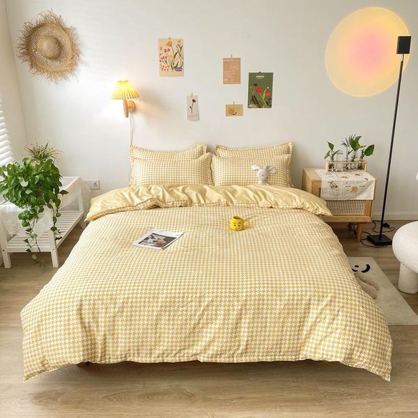 

bedding sets pale yellow plaid print pattern polyester pillow case bed sheet breathable soft comfortable single double set oceania