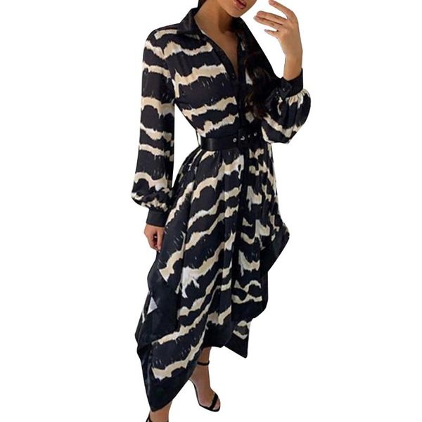 

autumn women dresses long sleeve wavy print ladies stylish clothes irregular button casual girl dress vestidos de verano, Black;gray