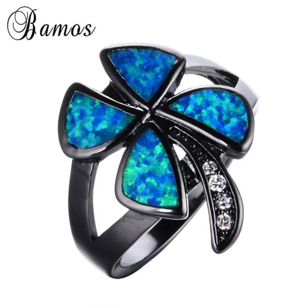 

wedding rings bamos romantic clover shape blue fire opal for women girl black gold filled party engagement finger ring rb1036, Slivery;golden