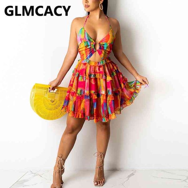 

halter backless abstract printed ruffles mini dress 210702, Black;gray