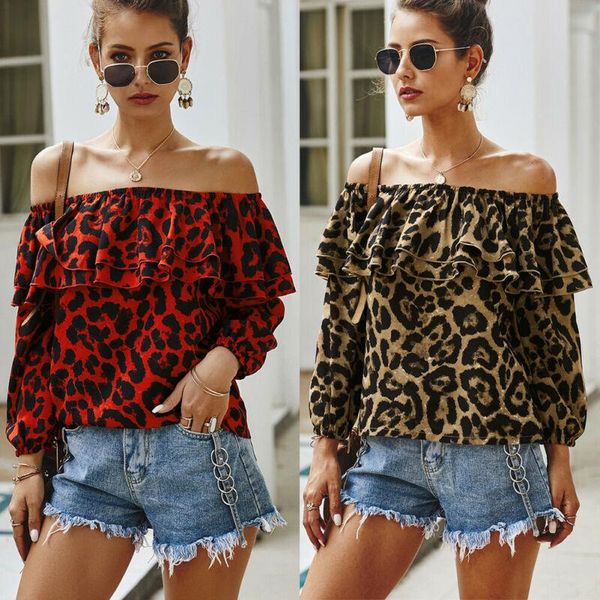 

vintage fashion women leopard long sleeve ruffles off shoulder blouse loose shirts casual chiffon clubwear women's blouses &, White