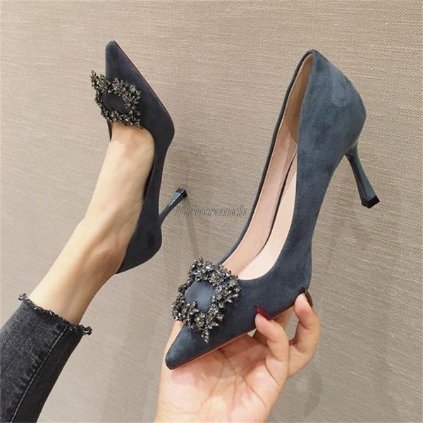 

dress shoes women's with heel 2021 stiletto point toe rhinestone buckle french wedding single, Black