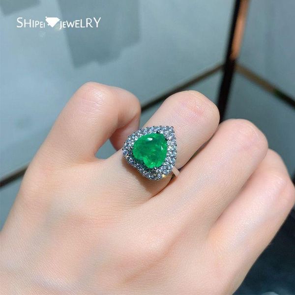 

shipei 100% 925 sterling silver heart emerald paraiba tourmaline created moissanite gemstone wedding fine jewelry vintage rings cluster, Golden;silver