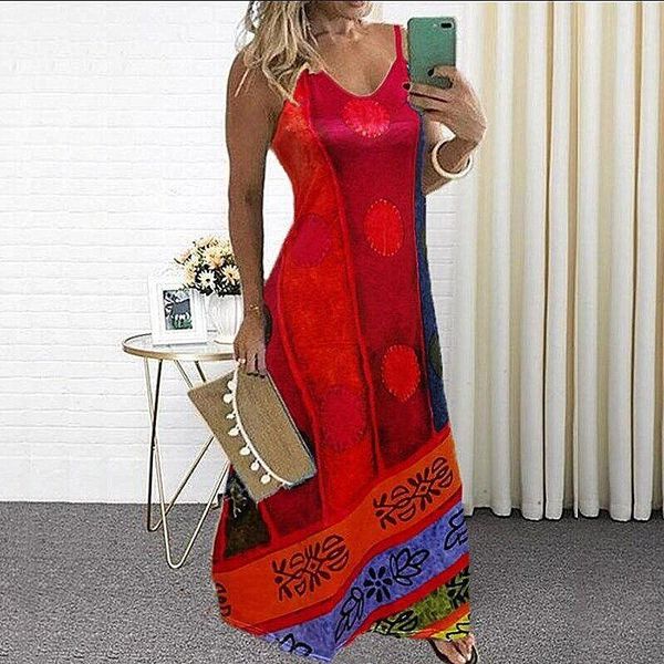 

casual dresses summer women elegant prints sleeveless maxi dress deep v neck stitching color suspender fashion beach vestidos, Black;gray