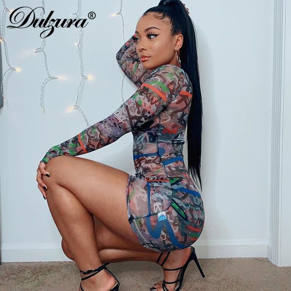 

tie dye print women mesh mini dress see through long sleeve gloves bodycon streetwear autumn winter clothes club, Black;gray