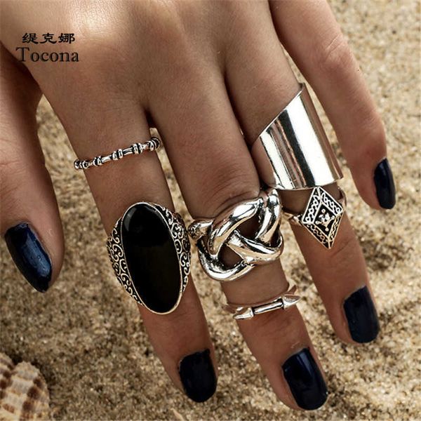 

ring tocona 6pcs/set bohemia antique silver color cross arrow black rhinestone charm rings sets for women party jewelry 3450, Golden;silver