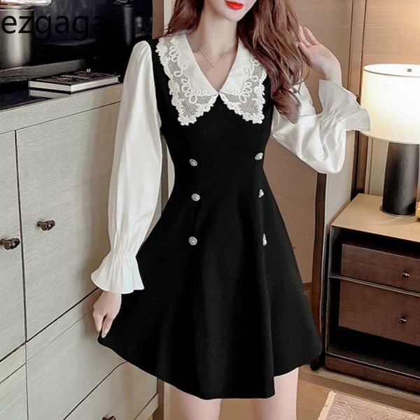 

ezgaga sweet elegant dress women spring lace patchwork peter pan collar long flare sleeve korean chic female dress vestidos 210430, Black;gray