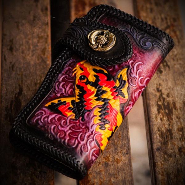 

wallets handmade carving lucky carp women card holder purses men long clutch vegetable tanned leather year gift, Red;black