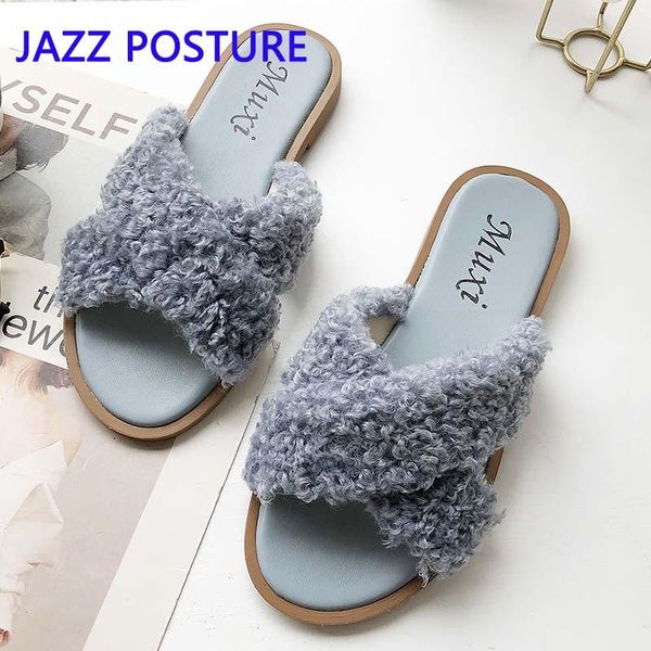 

slippers jazzposture indoor fur 2021 flat shoes ladies non-slip soft bottom casual floor home y892, Black