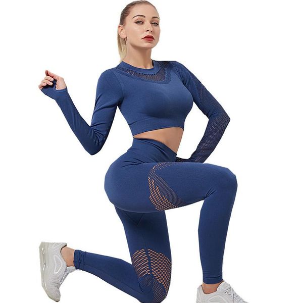 

yoga outfit 2 piece gym set women hollow out long sleeve high waist tight leggings workout clothes sport wear fitness