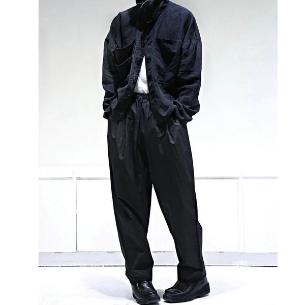 

men's solid color loose fashion lace up wide leg pants, Black