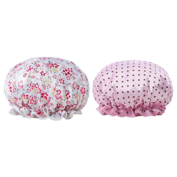 

shower caps 2pcs waterproof bathing double-layer ca small floral dot pattern hair for home bathroom (red flower, each