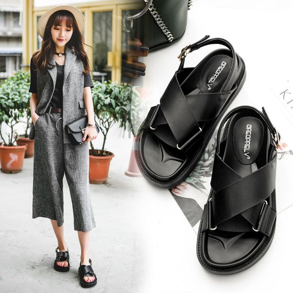

sandals thick heel women buckle sandal trendy classic fashion cross tied beach shoes large size soft bottom z243, Black