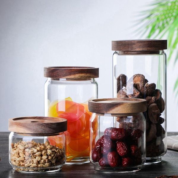 

storage bottles & jars glass airtight canister kitchen bottle jar sealed container tea coffee beans grains candy with wood lid
