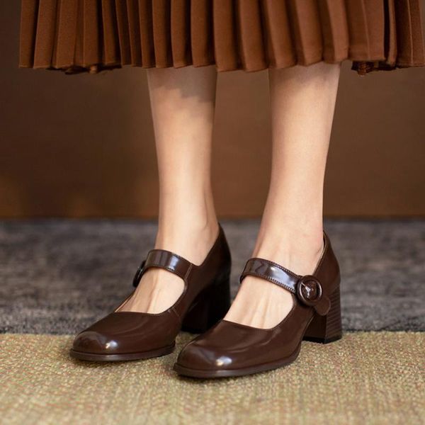

square toe block heel buckle strap shallow female pumps fashion vintage casual high heels pu leather women mary jane shoes dress, Black