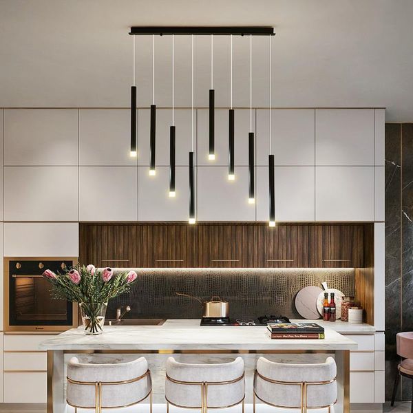 Lampada a sospensione a LED da incasso lungo nordica Decorazione per la sala da pranzo dell'isola della cucina Lampade a sospensione per interni di design artistico a luce nera