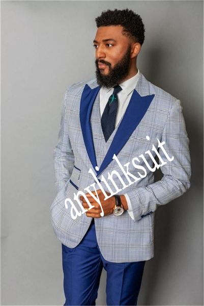 Smoking da sposo scozzese azzurro a un bottone stile classico con risvolto a lancia Matrimonio/ballo studentesco/cena Groomsmen abiti da uomo blazer (giacca + pantaloni + gilet + cravatta) W1450