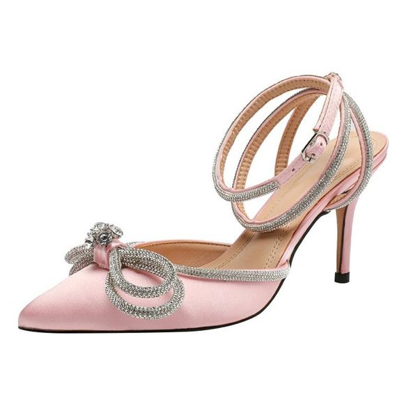 

sandals fashion ladies 2021 summer rhinestone bow satin high heels stiletto shoes 34-42, Black