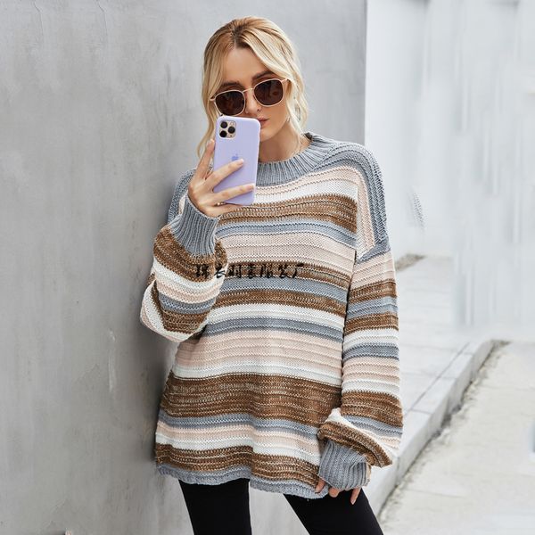 

autumn and winter 2021 new pullover large knitted stitched women's sweater, White