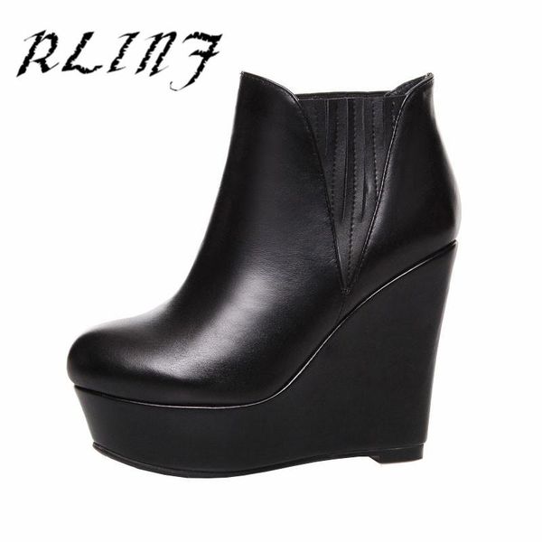 

dress shoes rlinf super high with 12cm wedge versatile leather platform thick bottom short tube women's, Black