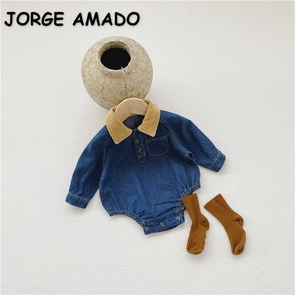 

spring korean style baby girl boy bodysuit denim long sleeves jumpsuit cute kids clothes e3994 210610, Blue