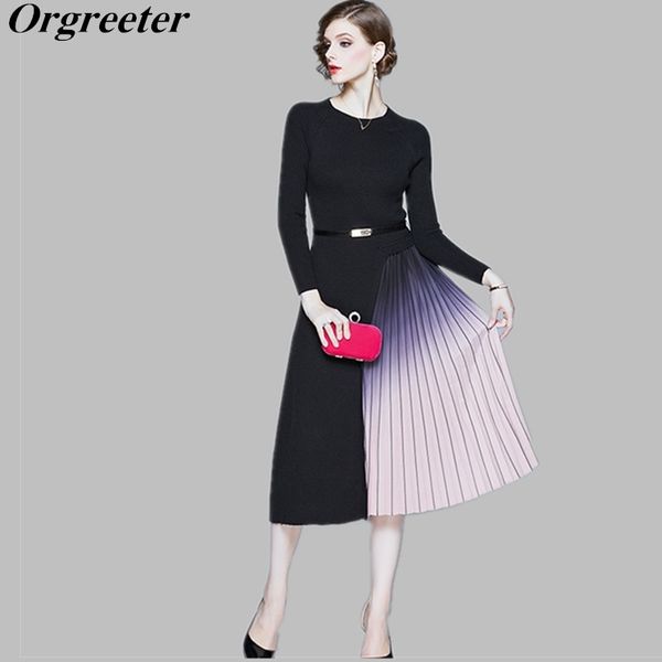 

black o-neck long sleeve knitted spliced gradient pleated dress women spring fashion graceful ol work wear plus size s-xxl 210525, Black;gray