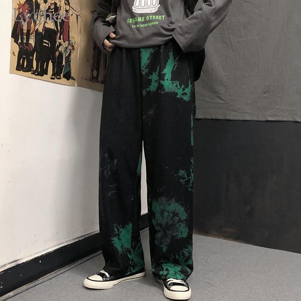 

women's pants & capris lychee harajuku tie dyeing women bottom pant straight leg loose autumn lady elastic waist wide female bottoms tr, Black;white